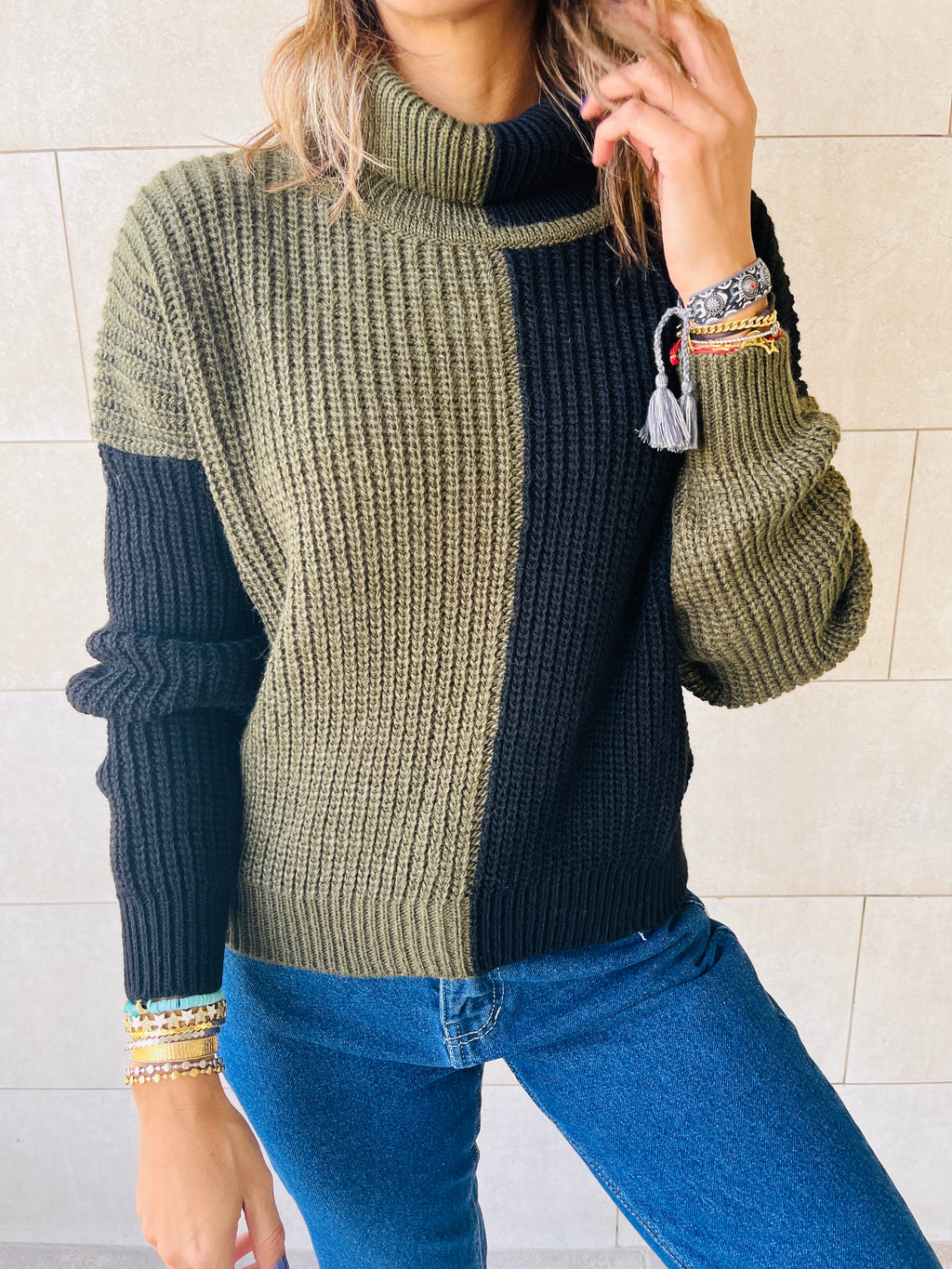 Olive & Black High Neck Colorblock Pullover