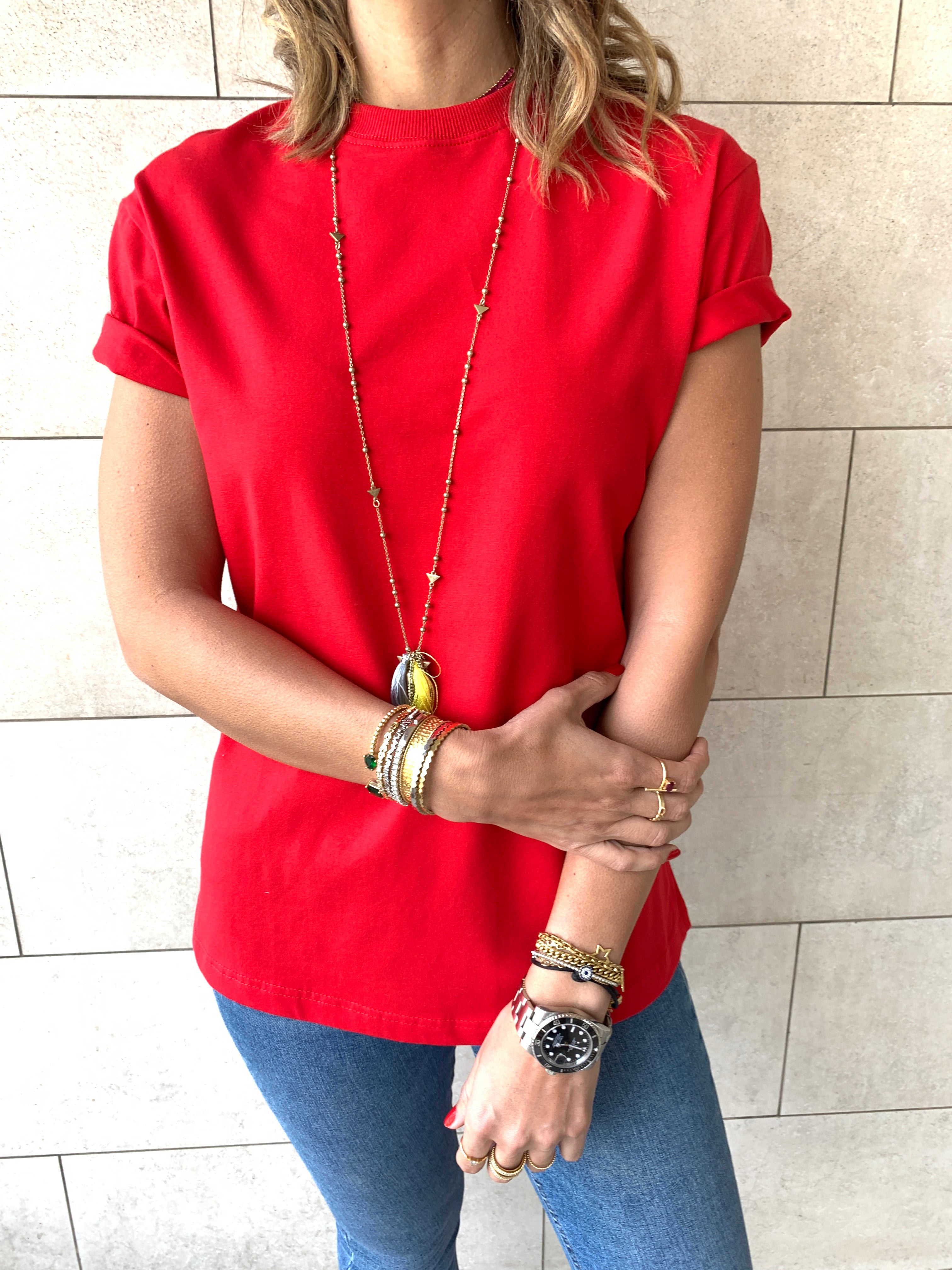 Beige & Red Crew T-Shirt Set