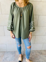 Olive Linen Marrakech Embroidered Top