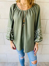 Olive Linen Marrakech Embroidered Top