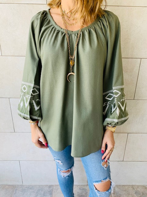 Olive Linen Marrakech Embroidered Top