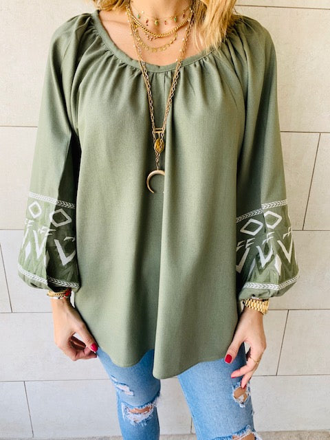 Olive Linen Marrakech Embroidered Top