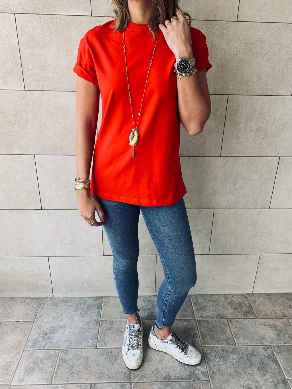 Beige & Red Crew T-Shirt Set