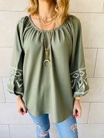 Olive Linen Marrakech Embroidered Top