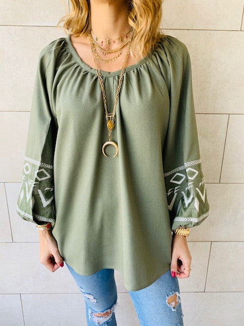 Olive Linen Marrakech Embroidered Top