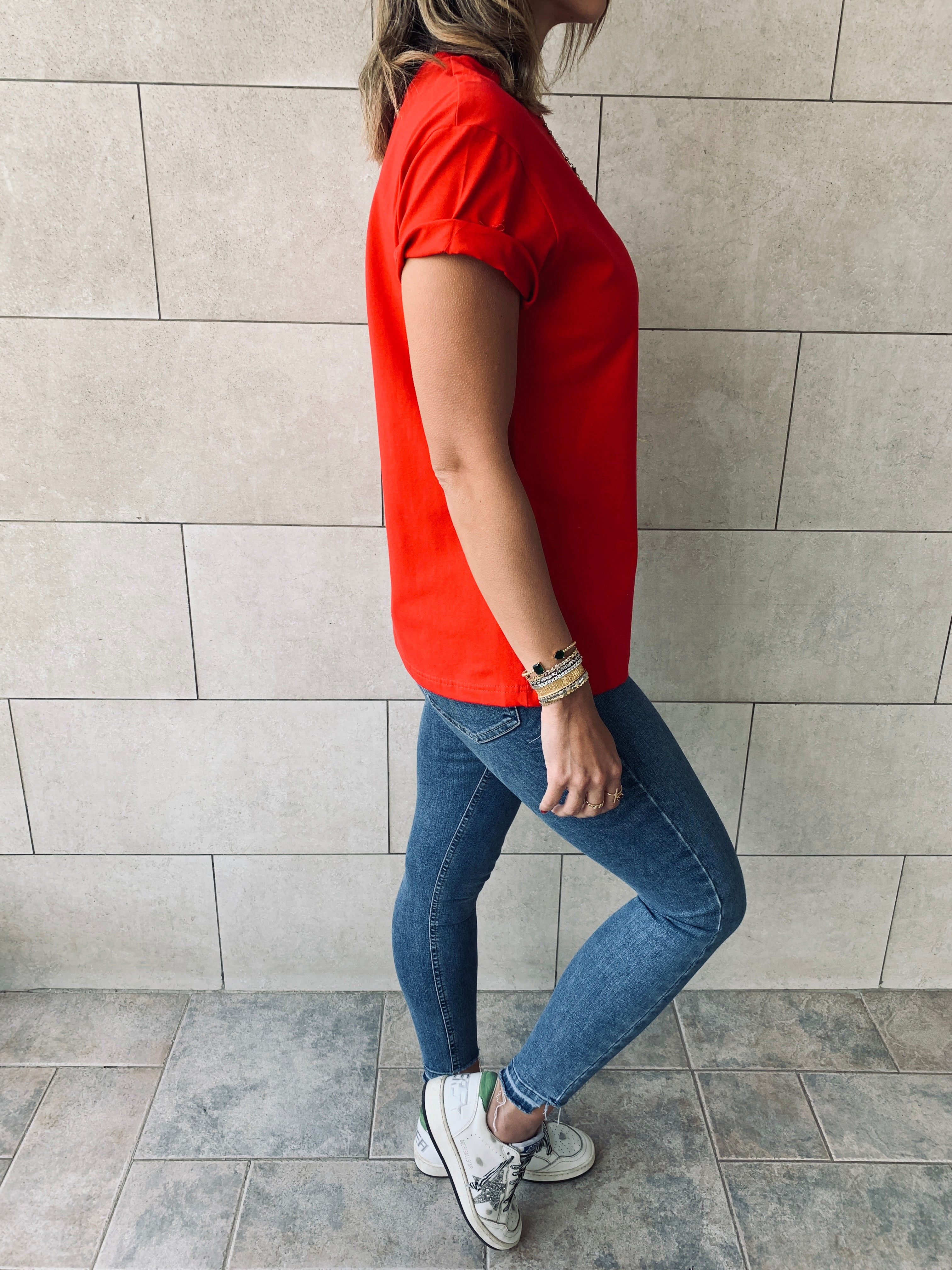 Beige & Red Crew T-Shirt Set