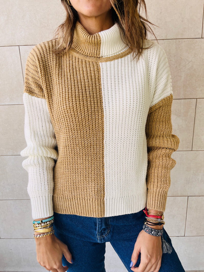 Beige & Ivory High Neck Colorblock Pullover