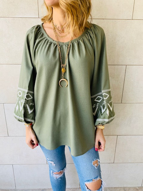 Olive Linen Marrakech Embroidered Top