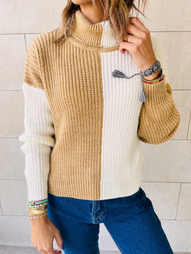Beige & Ivory High Neck Colorblock Pullover
