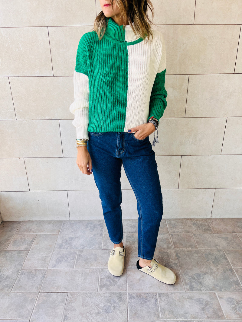 Green & Ivory High Neck Colorblock Pullover