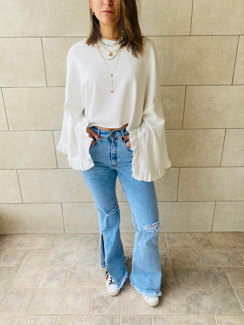 White Ruffle Sleeve Sweat Top