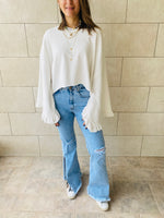 White Ruffle Sleeve Sweat Top