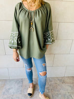 Olive Linen Marrakech Embroidered Top