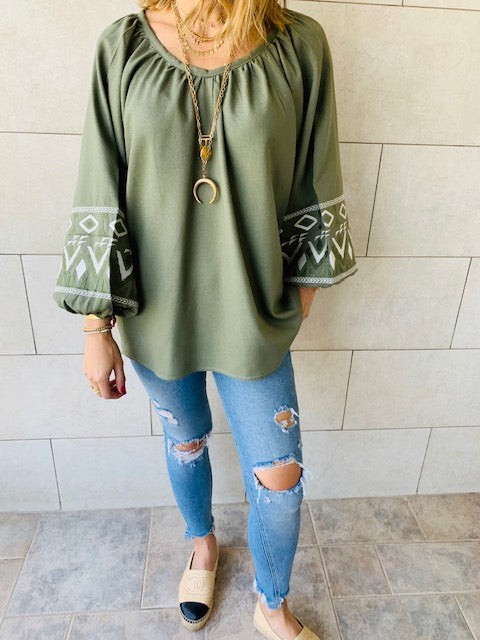 Olive Linen Marrakech Embroidered Top