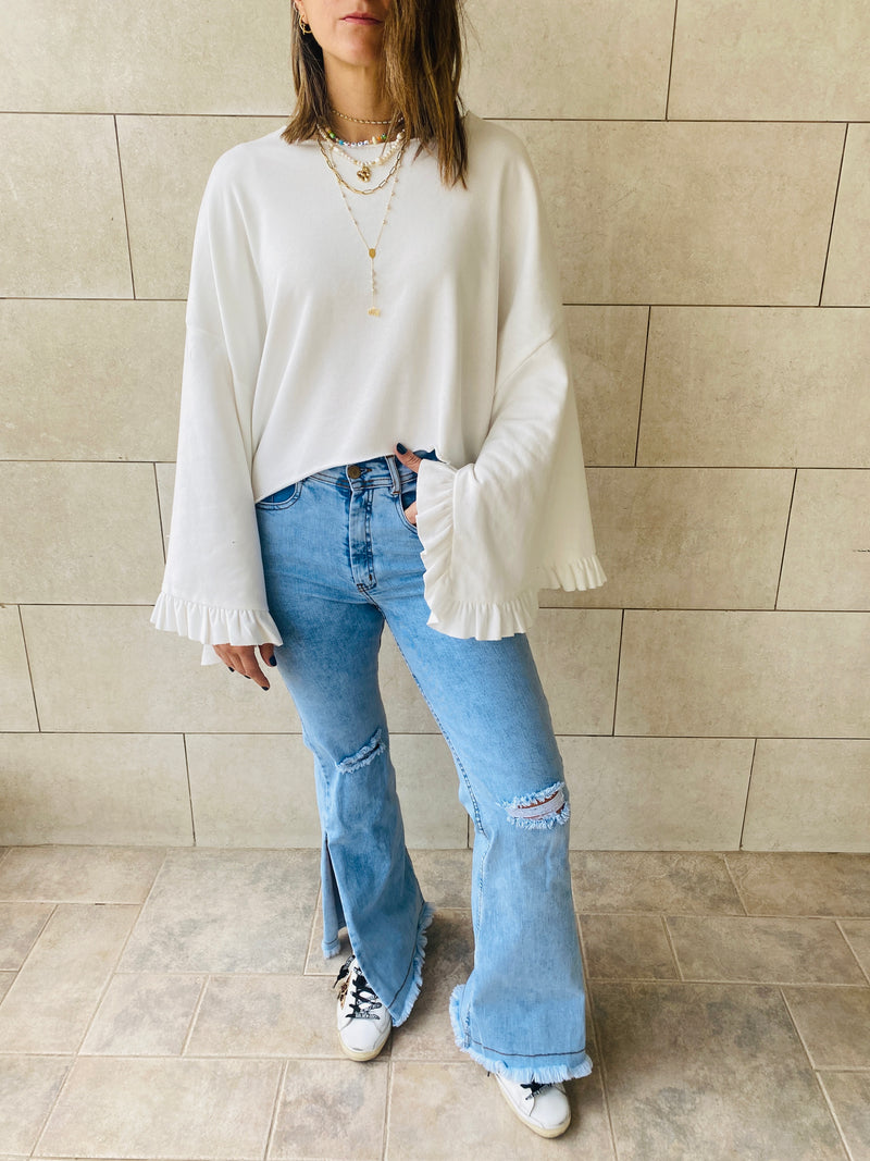 White Ruffle Sleeve Sweat Top