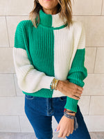 Green & Ivory High Neck Colorblock Pullover