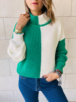 Green & Ivory High Neck Colorblock Pullover