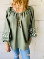 Olive Linen Marrakech Embroidered Top