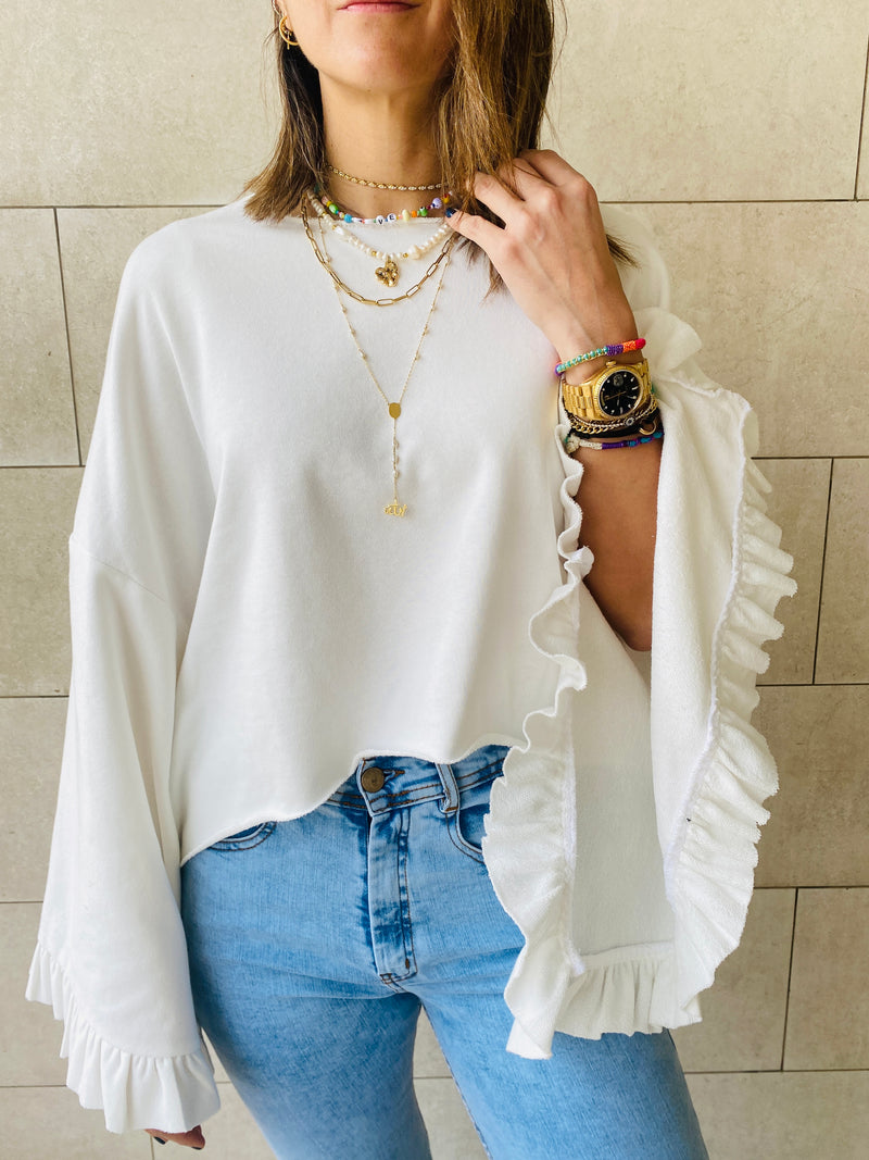 White Ruffle Sleeve Sweat Top