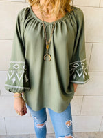 Olive Linen Marrakech Embroidered Top