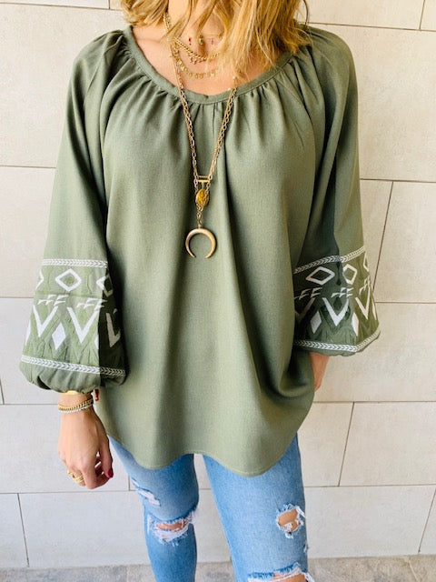 Olive Linen Marrakech Embroidered Top