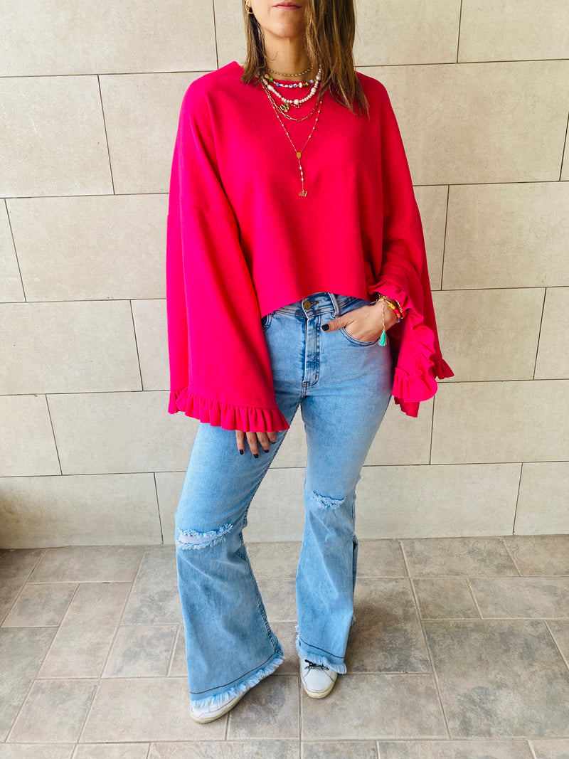 Fuchsia Ruffle Sleeve Sweat Top