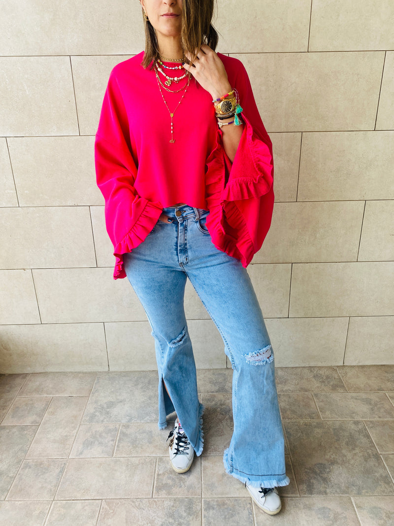 Fuchsia Ruffle Sleeve Sweat Top