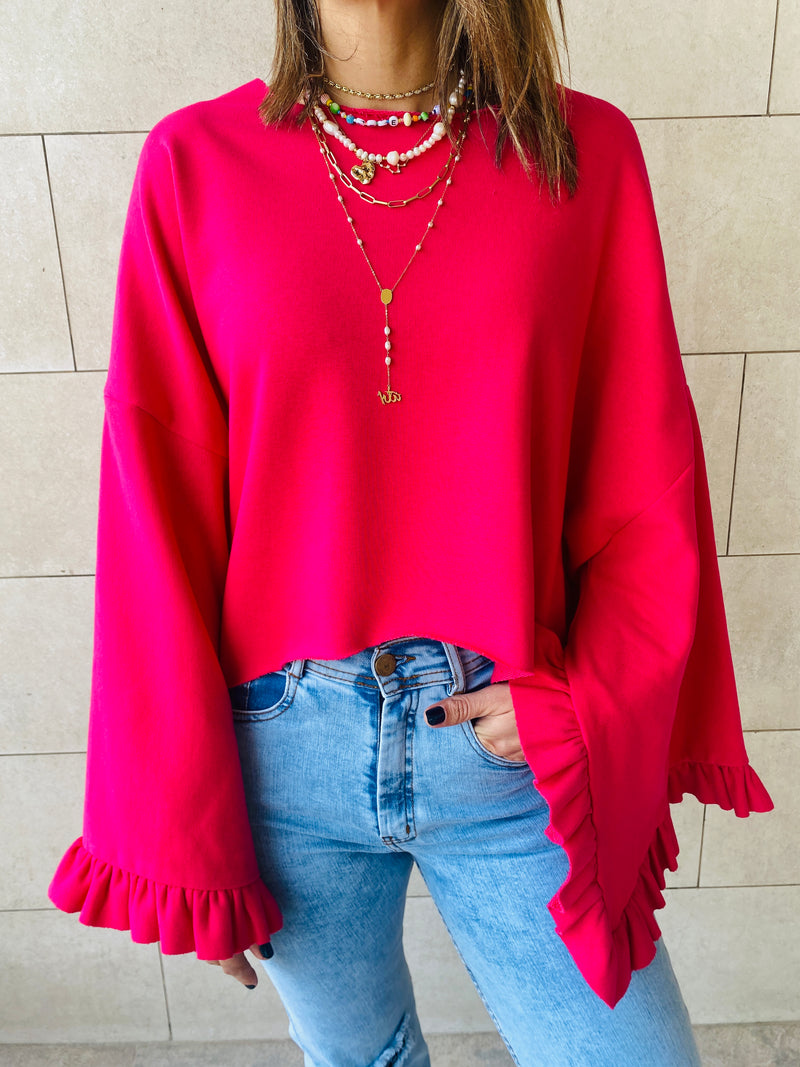 Fuchsia Ruffle Sleeve Sweat Top