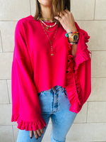 Fuchsia Ruffle Sleeve Sweat Top