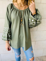 Olive Linen Marrakech Embroidered Top