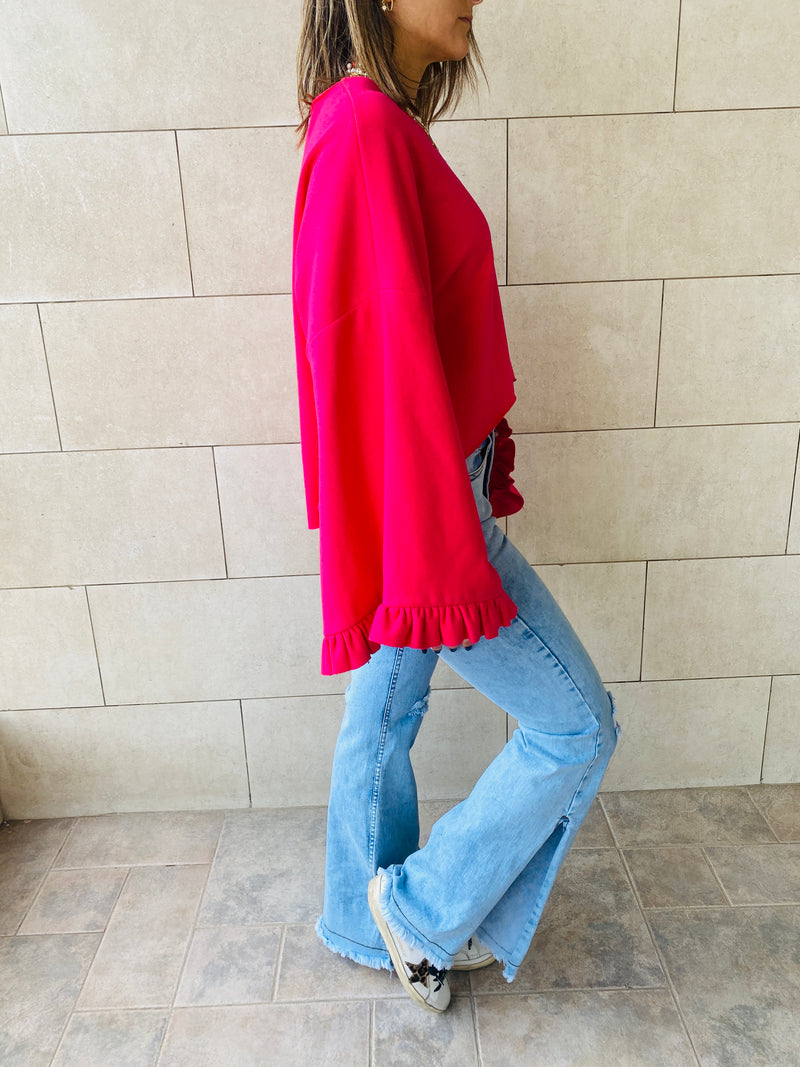 Fuchsia Ruffle Sleeve Sweat Top
