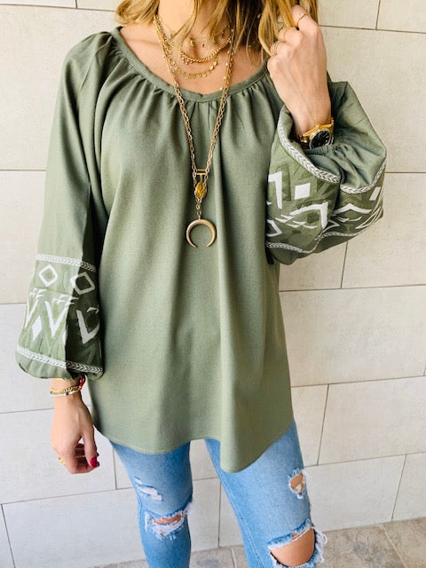 Olive Linen Marrakech Embroidered Top
