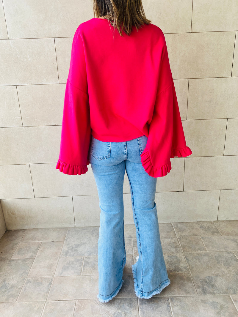 Fuchsia Ruffle Sleeve Sweat Top