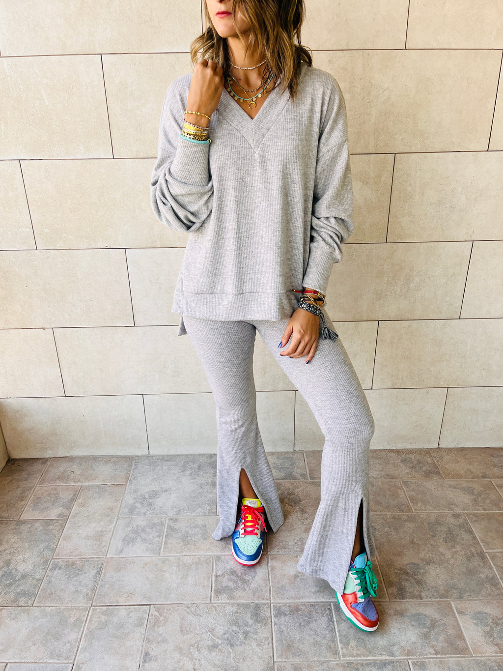Grey Split Hem Knit Set
