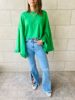 Green Ruffle Sleeve Sweat Top