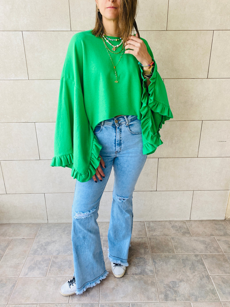 Green Ruffle Sleeve Sweat Top