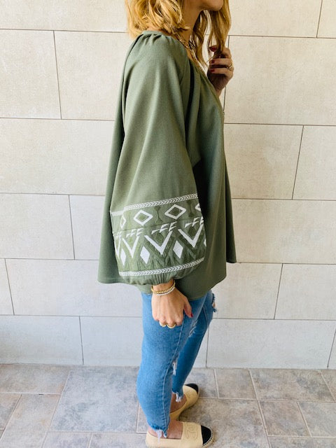 Olive Linen Marrakech Embroidered Top