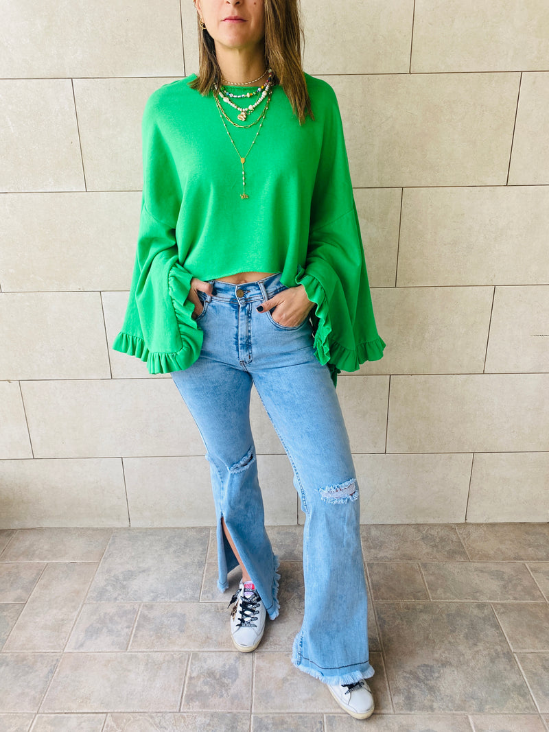 Green Ruffle Sleeve Sweat Top