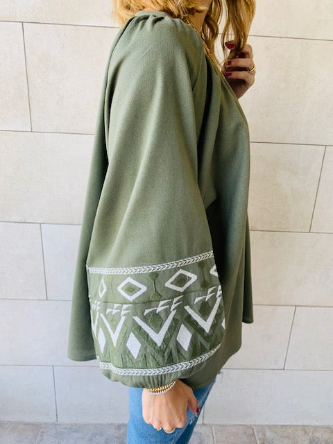 Olive Linen Marrakech Embroidered Top