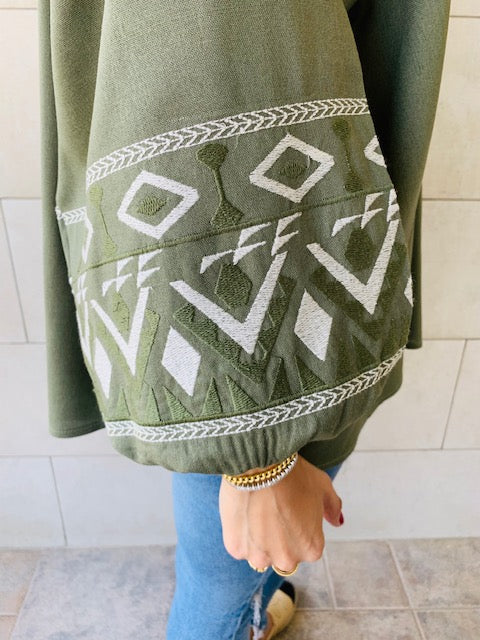 Olive Linen Marrakech Embroidered Top