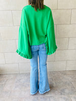 Green Ruffle Sleeve Sweat Top