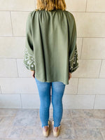 Olive Linen Marrakech Embroidered Top