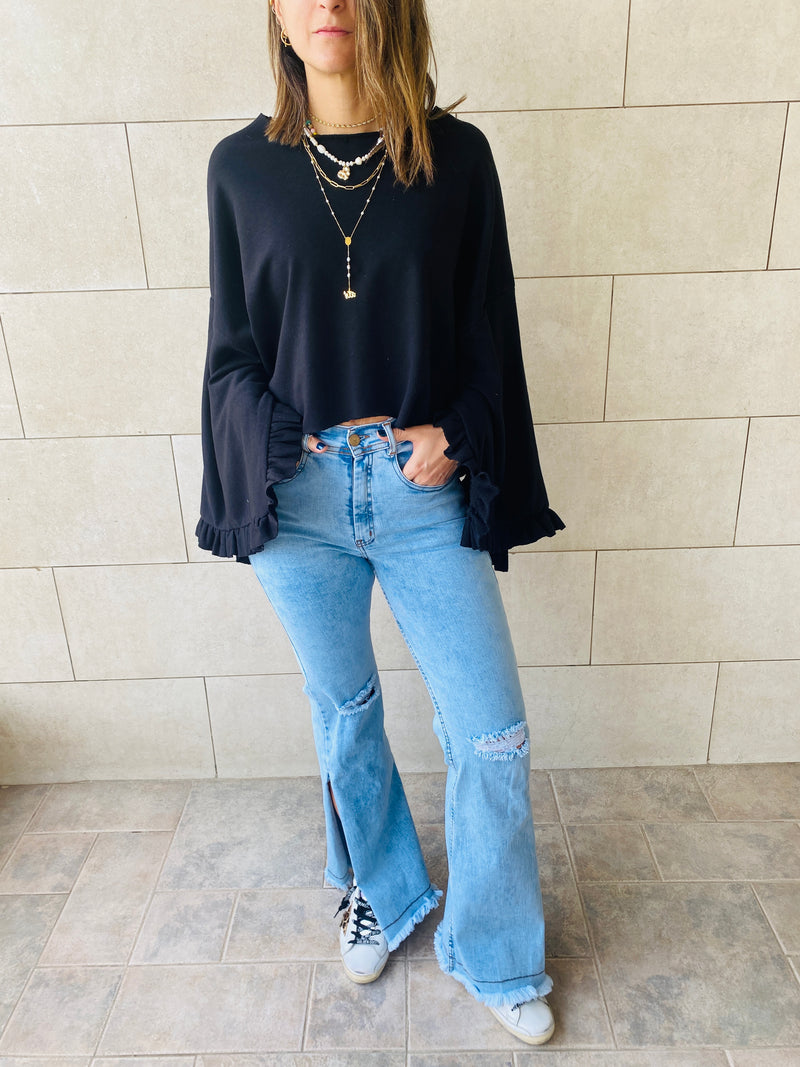 Black Ruffle Sleeve Sweat Top