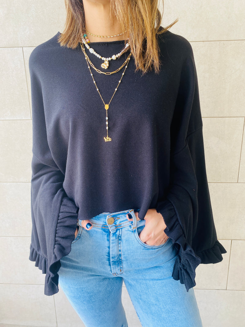 Black Ruffle Sleeve Sweat Top