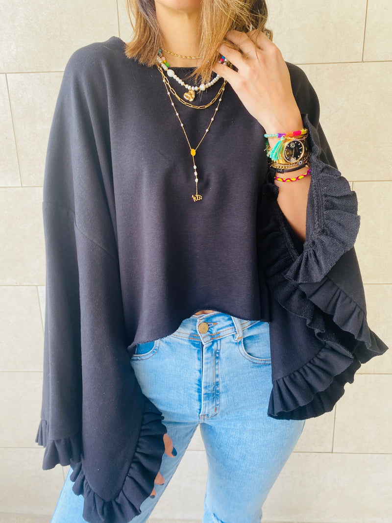 Black Ruffle Sleeve Sweat Top