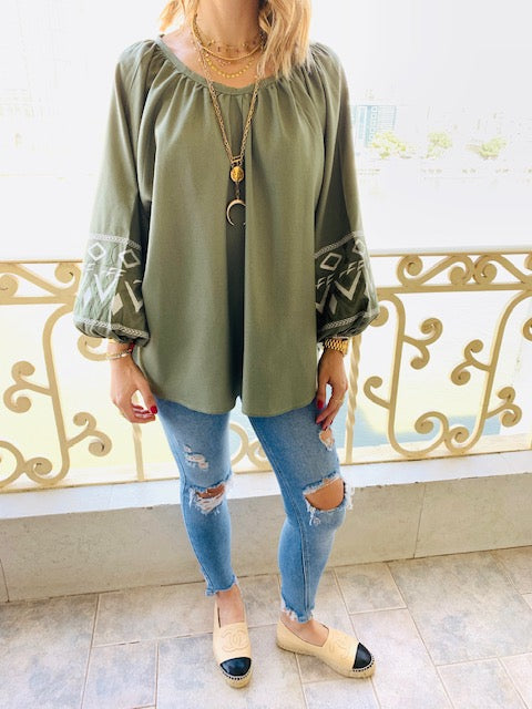 Olive Linen Marrakech Embroidered Top