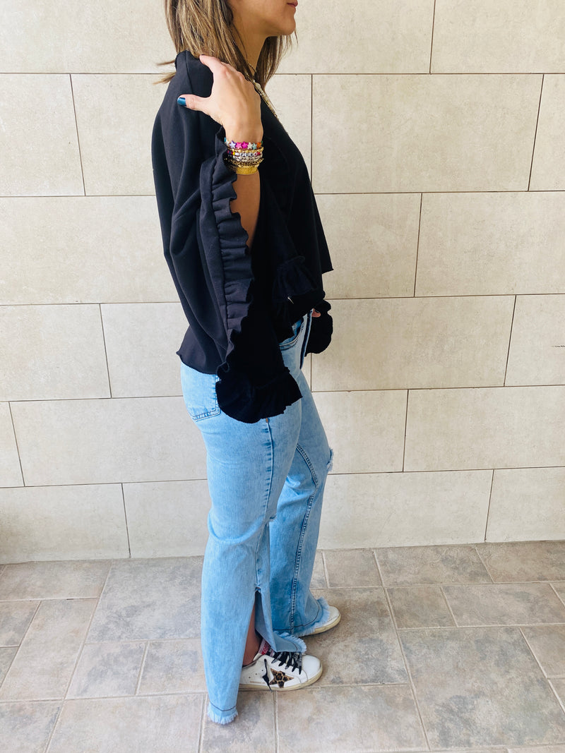 Black Ruffle Sleeve Sweat Top