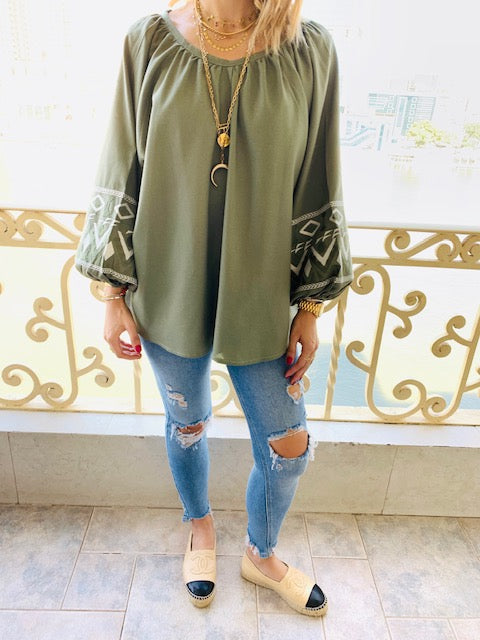 Olive Linen Marrakech Embroidered Top