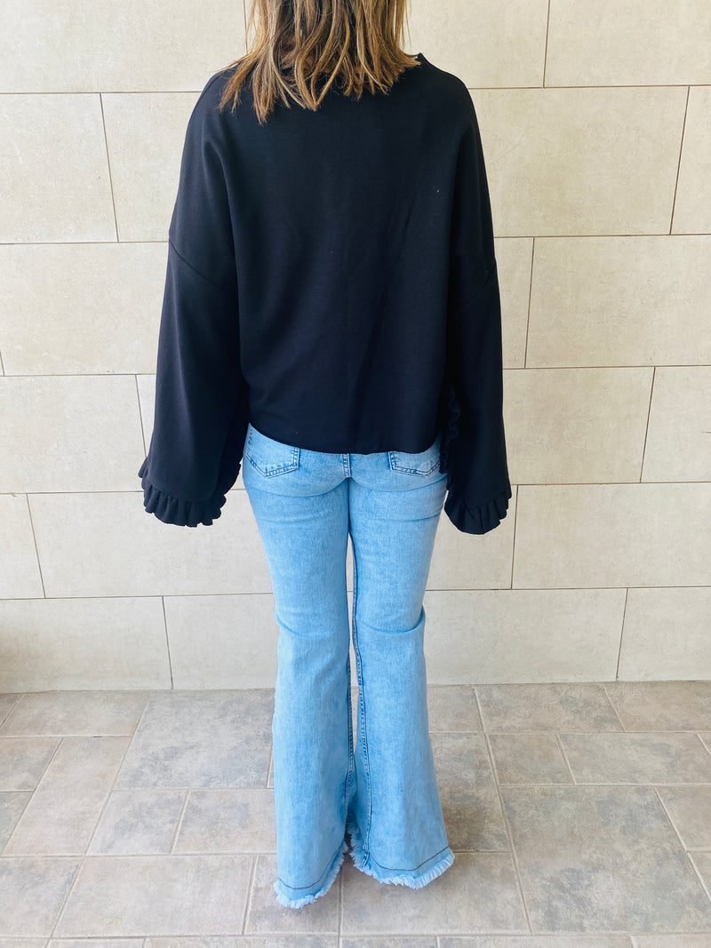 Black Ruffle Sleeve Sweat Top