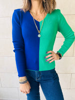 Blue & Green Color Block Ribbed Essential Knit